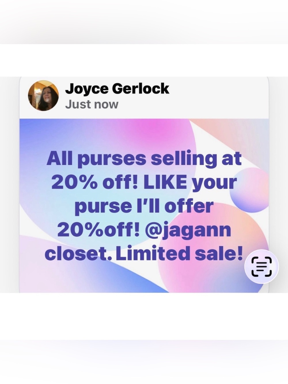 All purses 20% off when you LIKE item